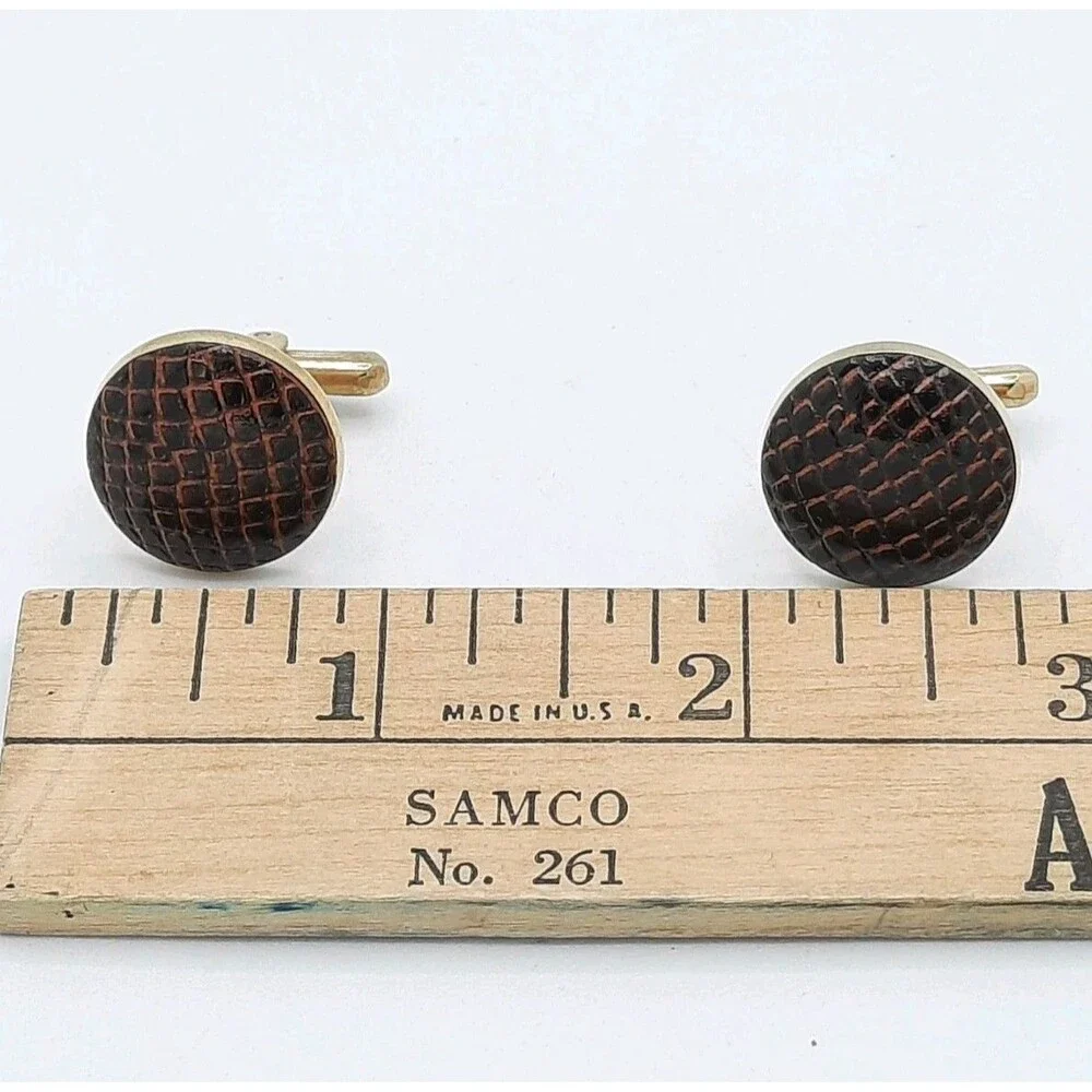 Vintage Hickok Brown Faux Snakeskin Leather Cufflinks Goldtone Metal